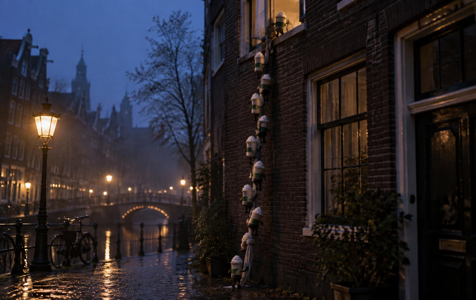 Tiny pint figures climbing down a bedsheet rope from an Amsterdam canal-house window at dawn