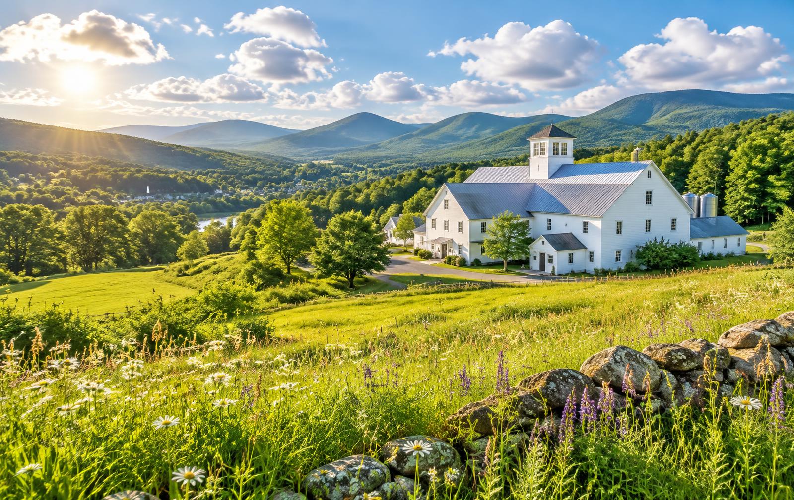 A Vermont hillside in Waterbury under a bright cloud-filled sky